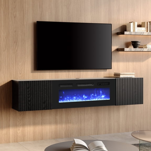36"Fireplace Floating TV Stand with 2 Fluted Flip-Down Doors for TVs up to 80inch