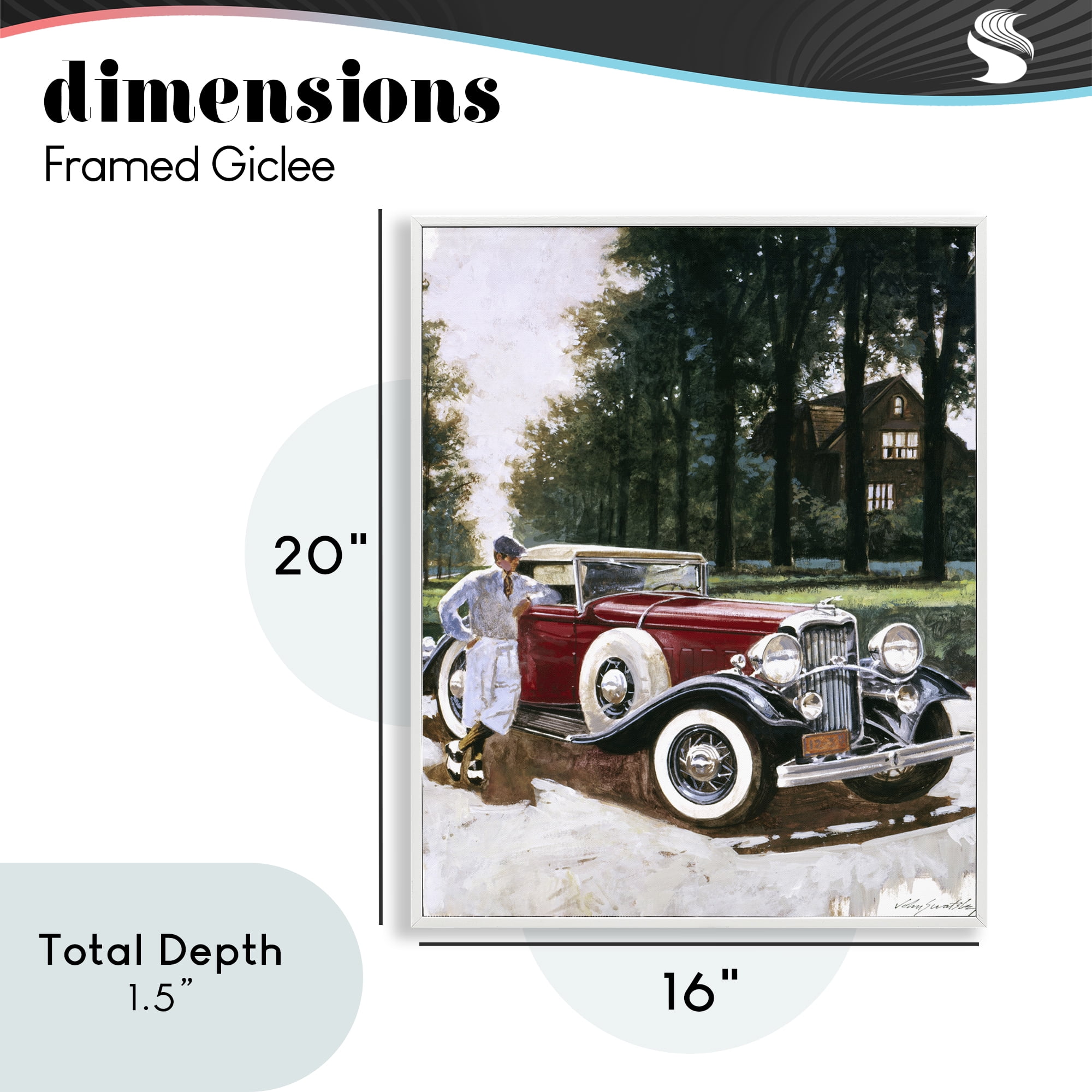 Retro Convertible Coupe & Driver White Framed Giclee Art, design by Wind River Studios