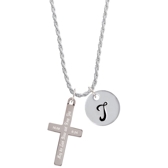 Delight Jewelry Stainless Steel Numbers 6:24 - Bless and Keep You Engraved Cross - Silvertone Script Initial Disc - T - Charm Necklace, 20"+3"