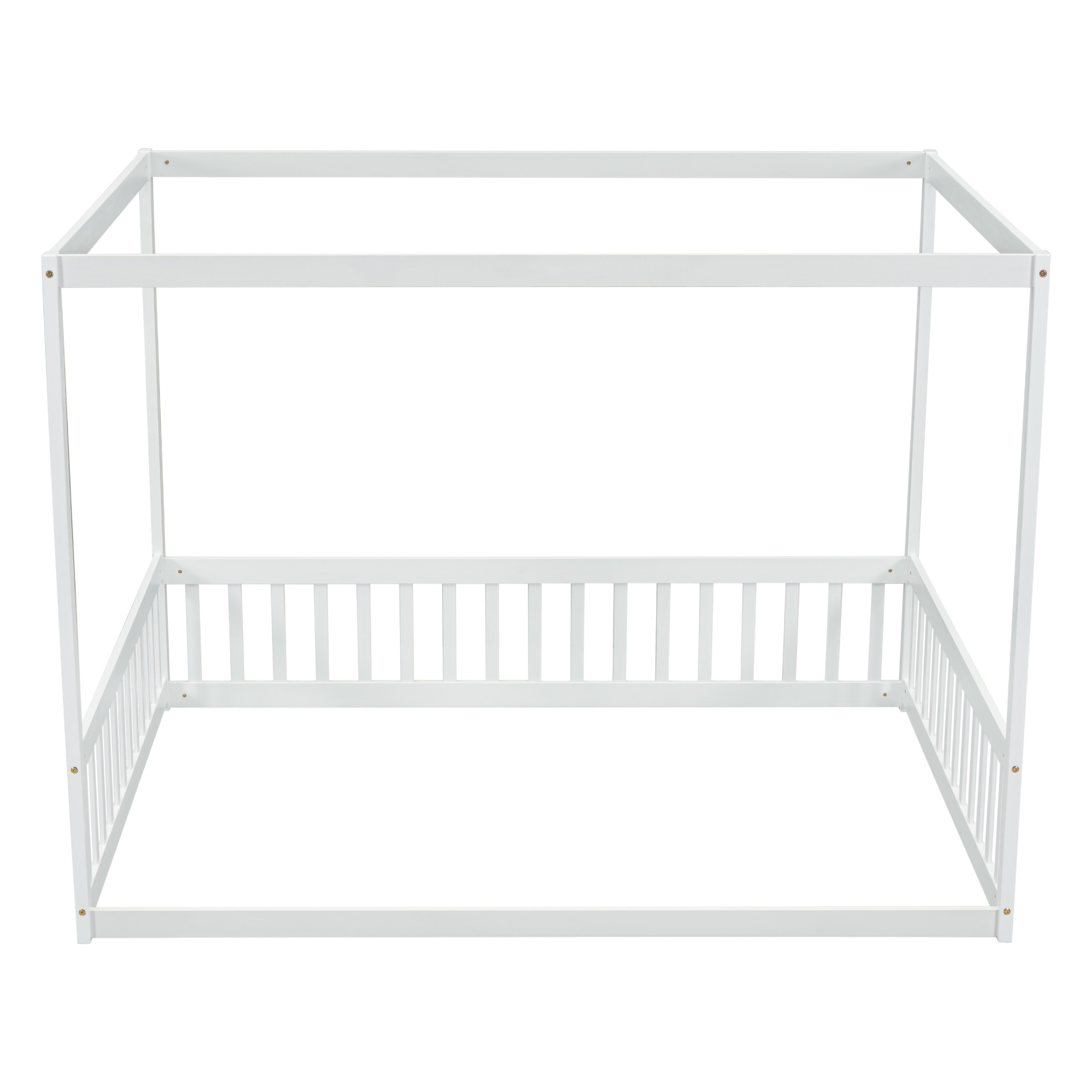 Noble House Dorris Full Canopy Floor Bed with Fence Guardrails, Solid Rubber Wood Montessori Bed, Kid's Room, White