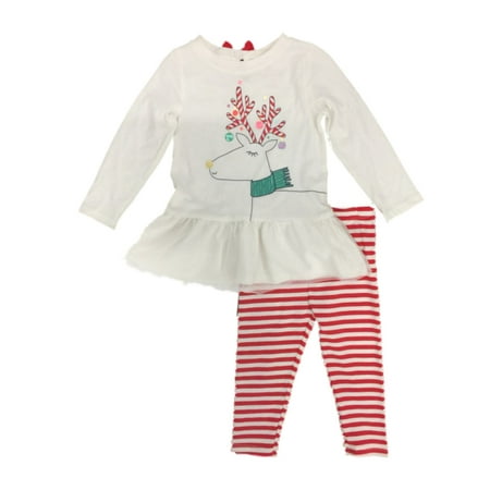 Infant & Toddler Girls White Reindeer Top & Red Striped Legging Holiday Set 3T