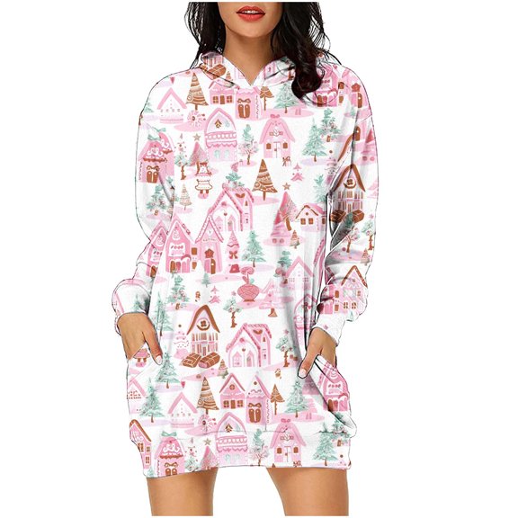 miqiqism Womens Christmas Sweatshirt Dress Comfy Long Sleeve Hoodies Mini Dresses with Pockets Casual Crewneck Hoodie 2024 Fall Fashion Printed Hooded,Pink,Medium