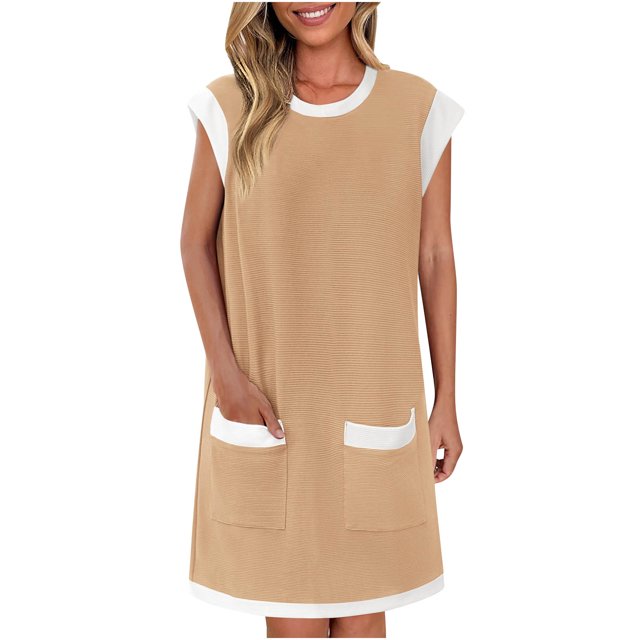 Ovzne Robes Grande Taille pour Femmes Rondes Robe Femmes Robes d'Été Courtes Manches Courtes Bloc de Couleur Ample Tricot Côtelé Tendance Robe Mini en Coton avec Poches Robe de Vacances Robe Courte