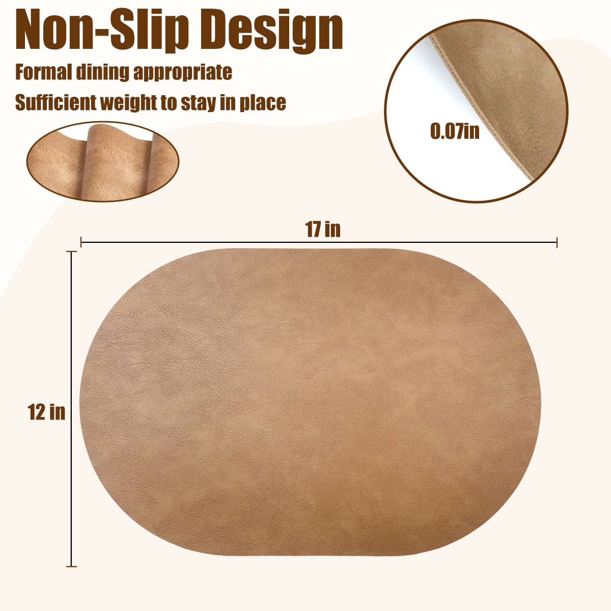 Waterproof Table Mats,Heat Resistant Oval Placemats Set of 8 Washable 12 x 17 inch,Wipeable Place Mats for Kitchen,Dining Room,Light Brown