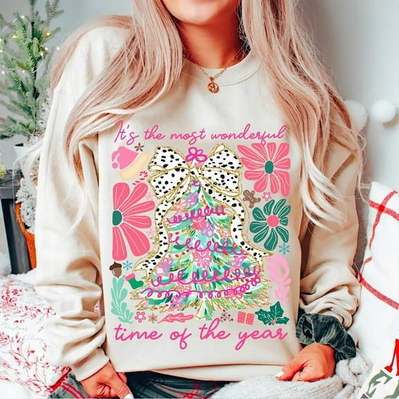 Holly Jolly Pink Christmas Tree Sweater, Coquette Boho Girly Glitter Brushstroke Sweatshirt