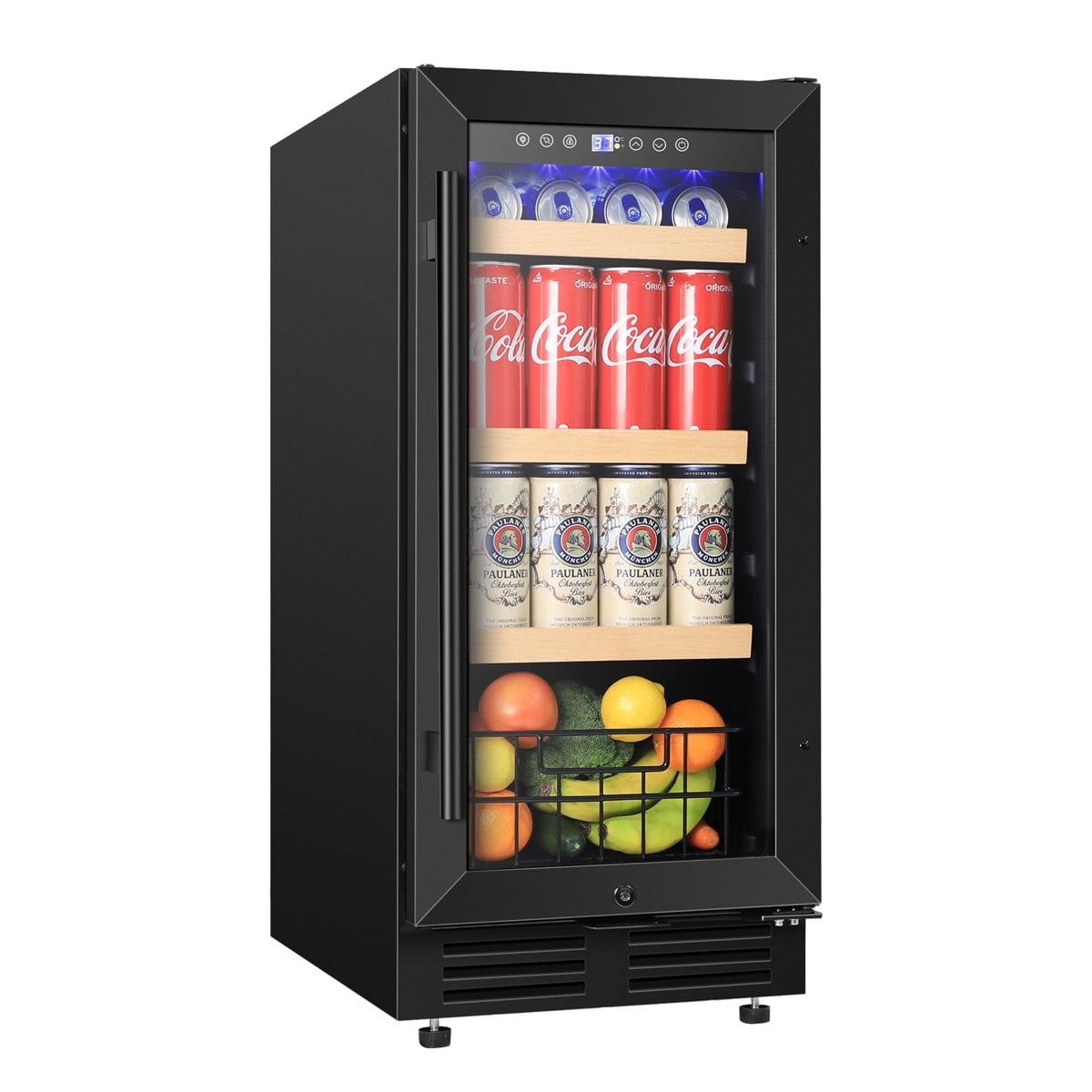 15" Black Beverage Refrigerator 130 Can Built-In/Freestanding Beer Cooler Fridge With Basket And Reversible Hinge