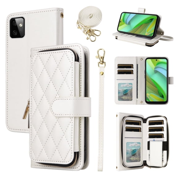 Furiet Argyle Wallet Case for Motorola Moto G Power 5G 2023 with Wrist/Shoulder Strap Slot Zipper Purse Luxury PU Leather Card Holder Stand Checkered Cell Phone Cover for GPower G5 Women White