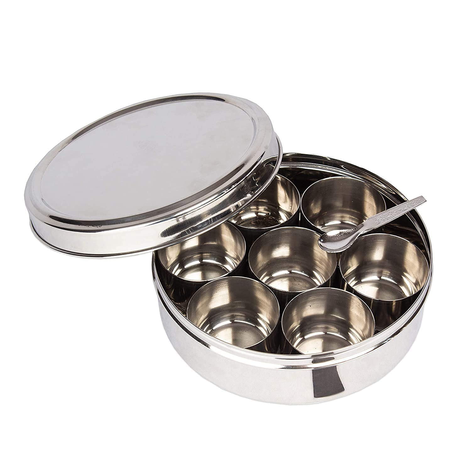 Christmas Gifts 7 Compartments Masala Box Masala Dabba Stainless Steel Silver Spice Box/Masala Dabba/Spice Box with Spoon Stainless Steel- 7 Pots with Individual Clear See || Spice Container 