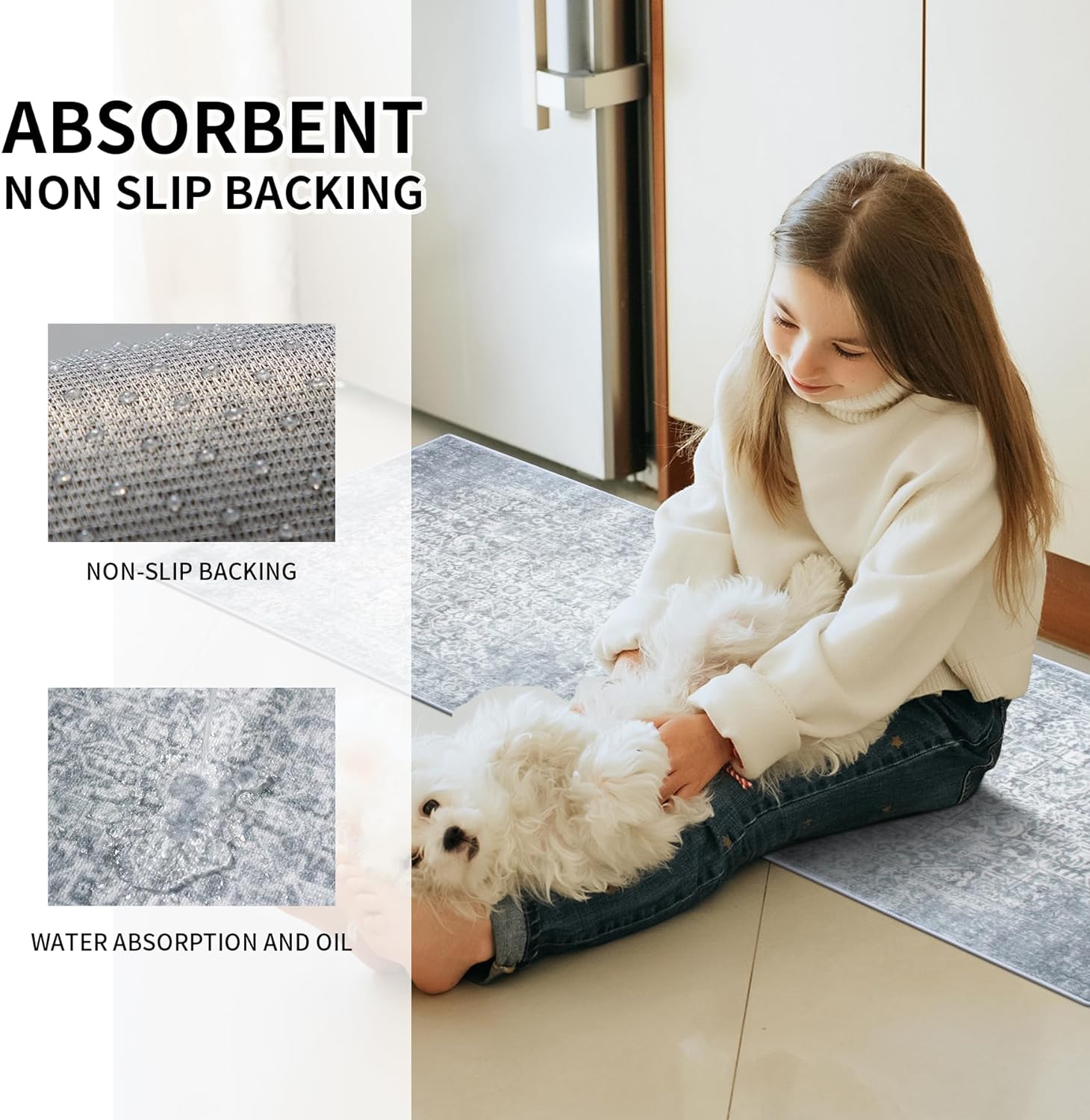Kitchen Rugs Sets of 3 Non Slip Washable Kitchen Mats for Floor 3 Piece Set Boho Kitchen Rug Sets Gray Runner Carpets Absorbent for Laundry Room Hallway Sink