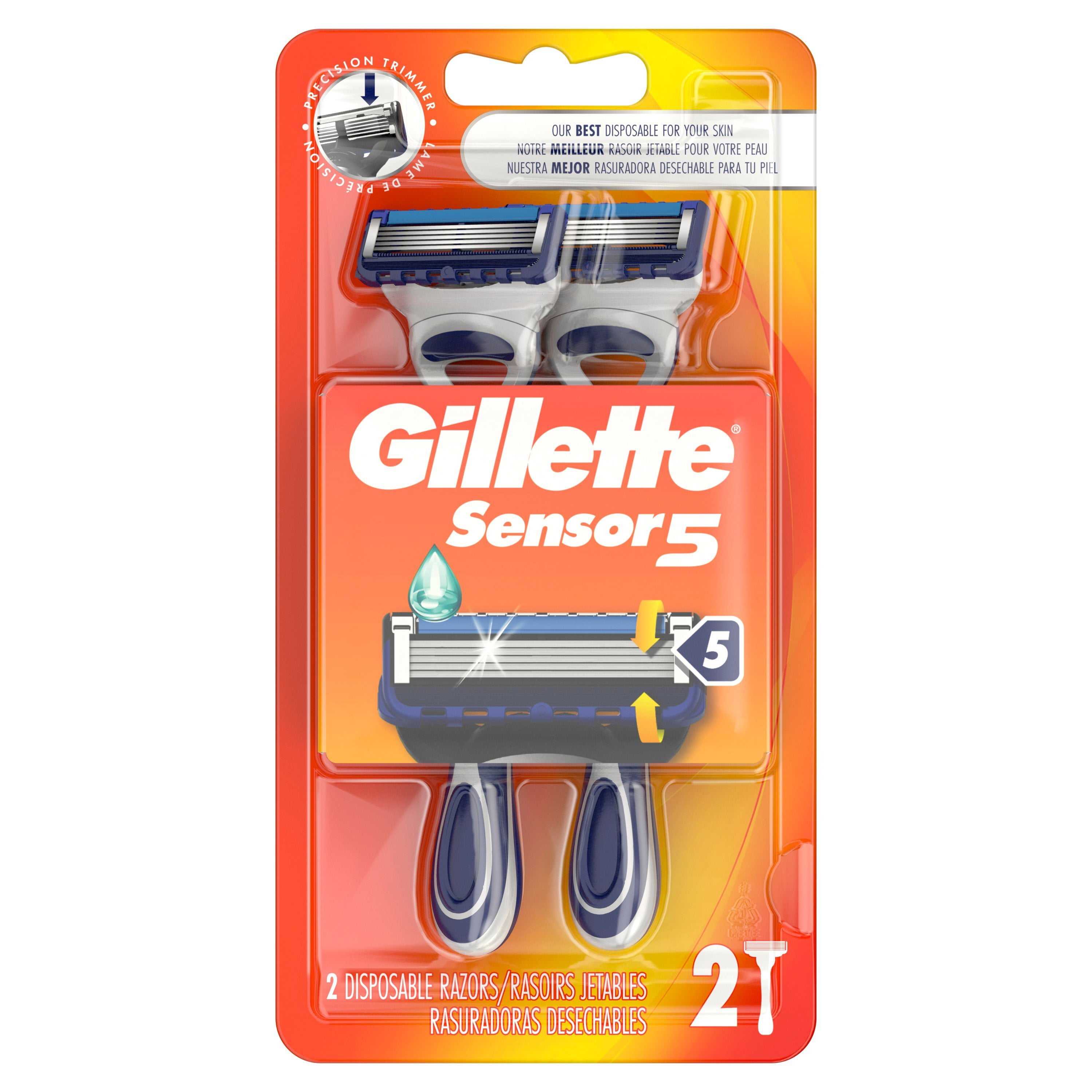 Gillette Sensor5 Men's Disposable Manual Razor, 2 Count, Silver and Blue
