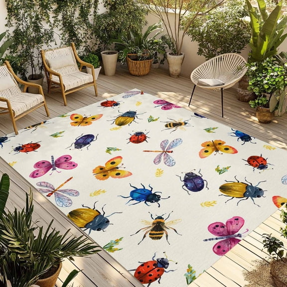 Cute Butterfly Dragonfly Outdoor Rug for Patio/Deck/Porch, Non-Slip Large Area Rug 4 x 6 Ft, Farmhouse Botanical Floral Beige Indoor Outdoor Rugs Washable Area Rugs, Camping Rug Carpet Runner
