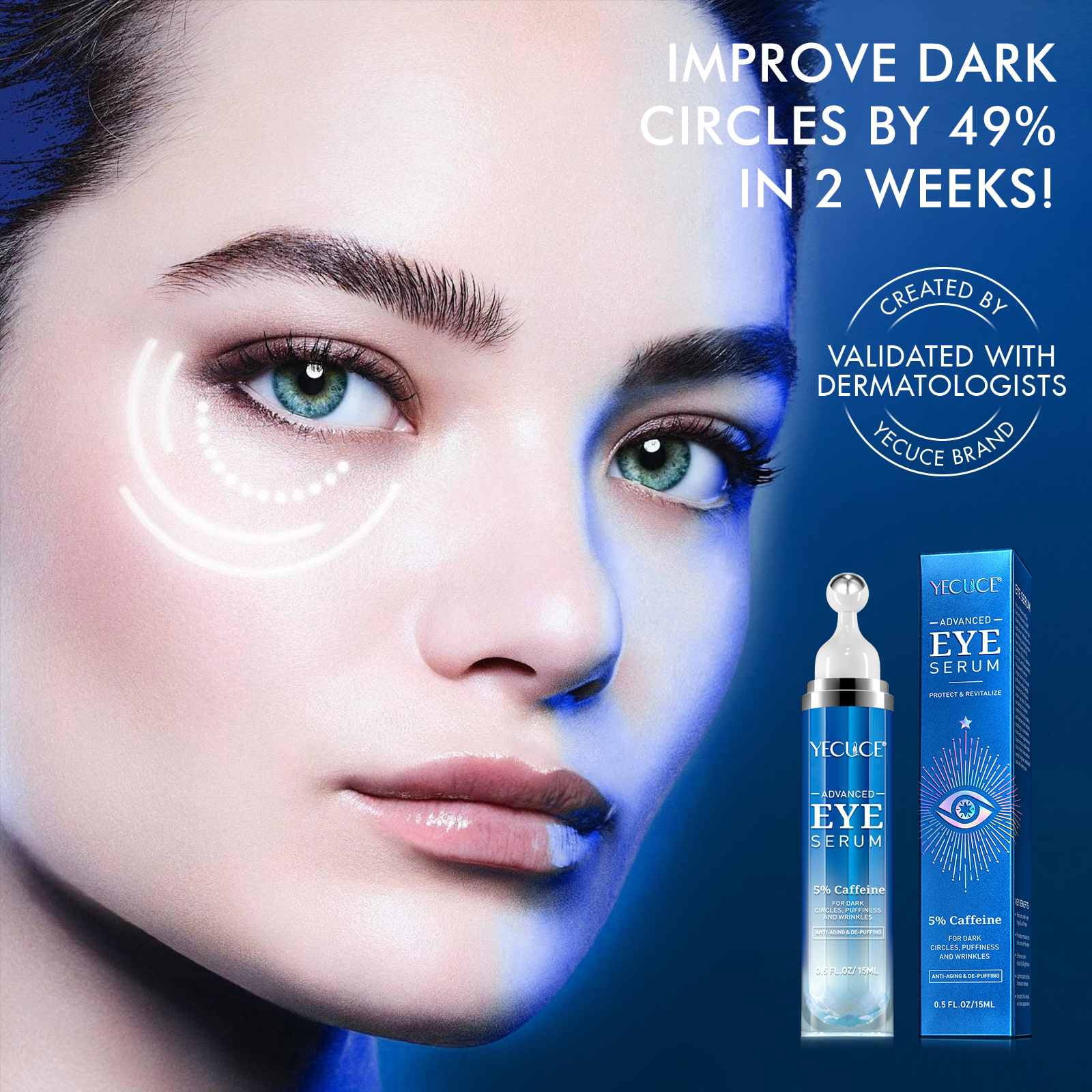 (3 pack) Yecuce Eye Serum with Roller Massage Ball, Caffeine Peptide, Dark Circles Under Eye Treatment, with Retinol, 5ml