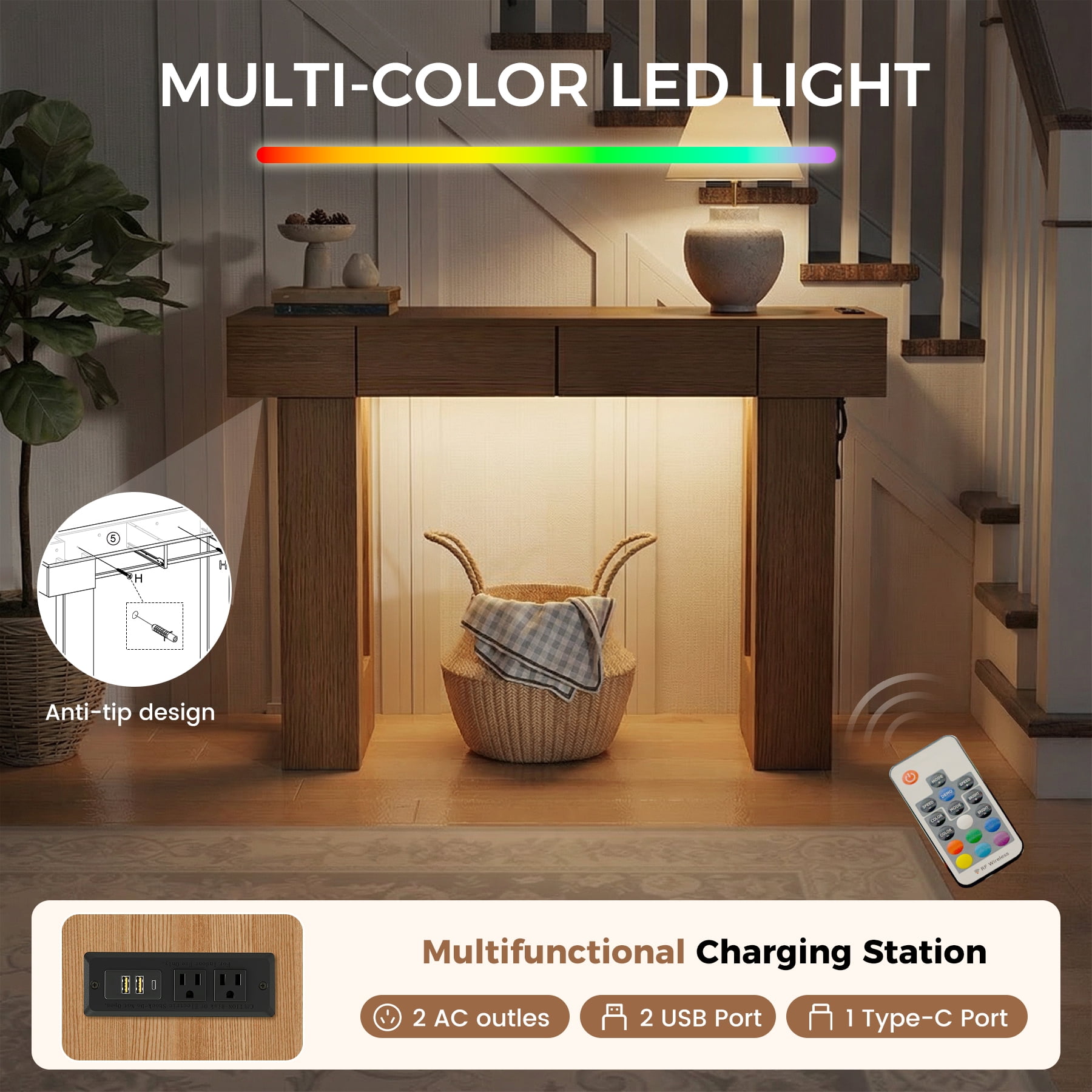 MOONMISS 47"Wide Console Table with 2 Drawers, Multifunctional Charging Station, LED Light, Solid Wood Farmhouse Console Table Behind Couch for Entryway, Hallway, Living Room-Natural Wood