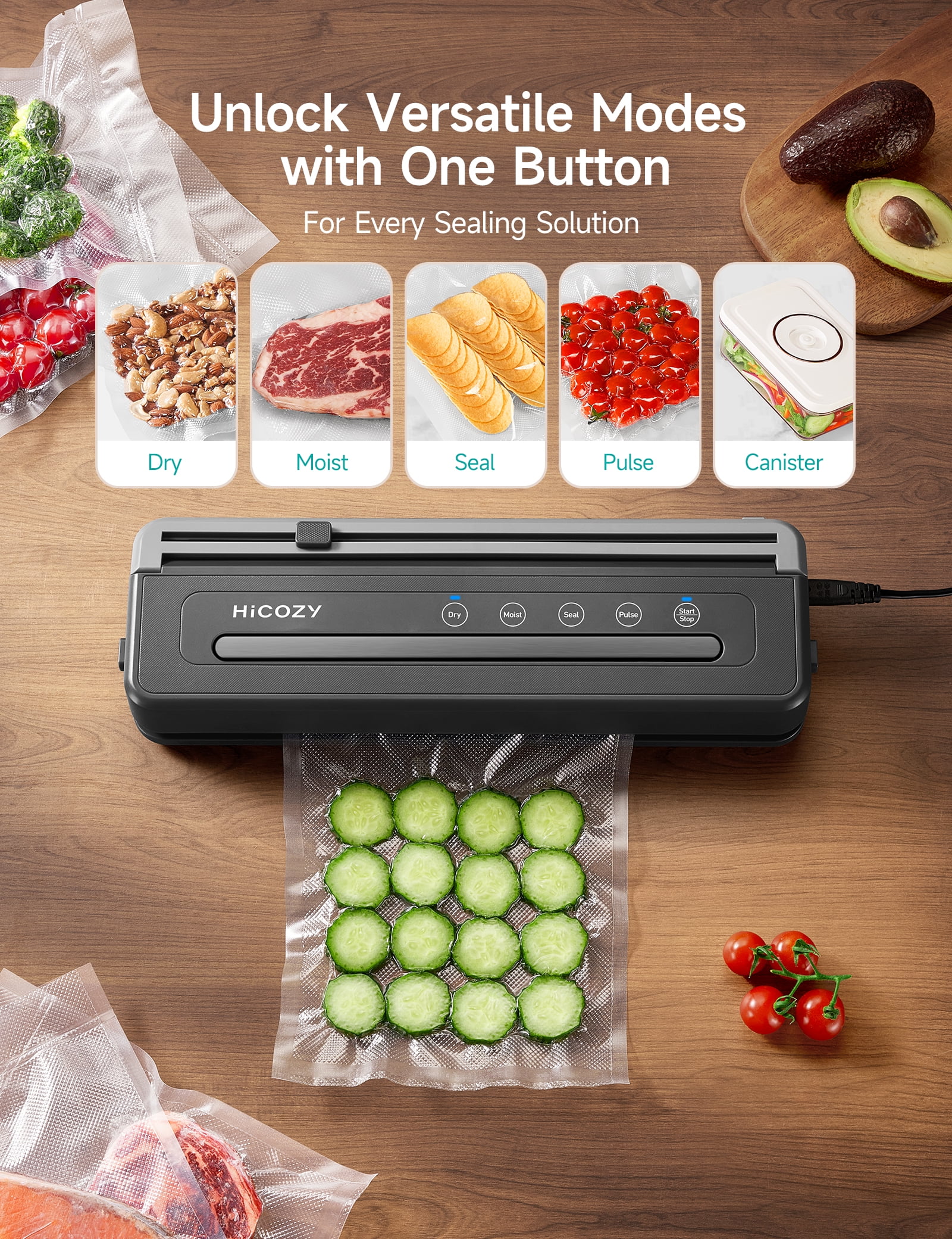 HiCOZY Vacuum Sealer Machine With 10 Vacuum Bags, Gray