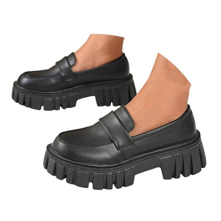 Dakaela Women s Platform Loafers Chunky Heeled Business Casual Shoes Formal Slip on Flats Black 6
