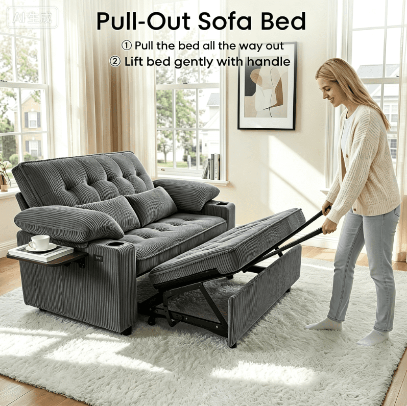 58" Sleeper Sofa Bed, Full Size Pull Out Couch, Convertible Loveseat Sofa with 5-Level Adjustable Backrest, USB Charging Ports, Cup Holders & Foldable Side Table, for Living Room, Apartment & Office