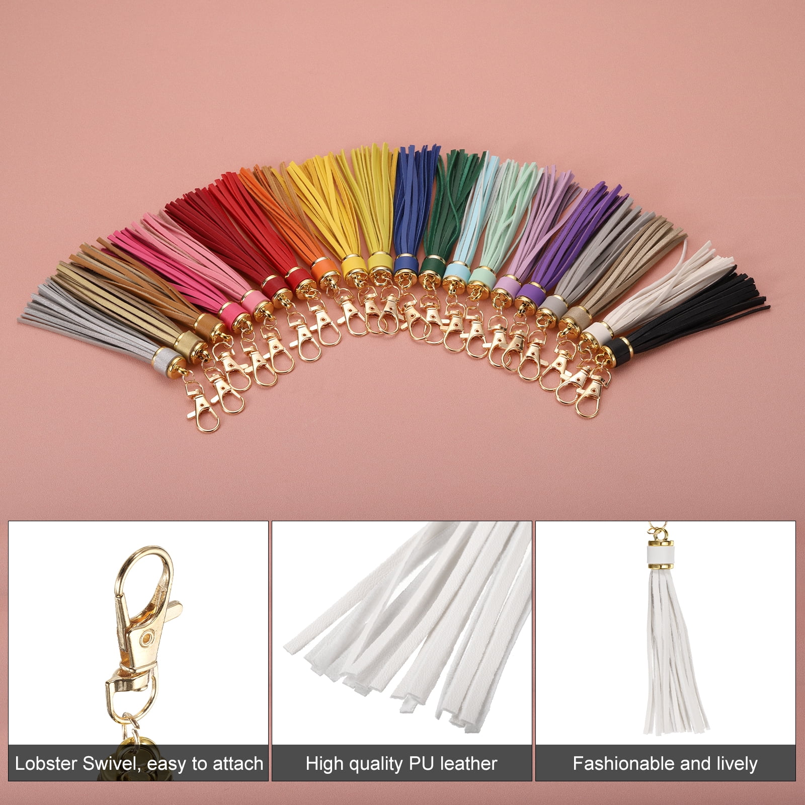 Unique Bargains PU Leather Tassels Keychain Charm with Lobster Swivel for Crafting White