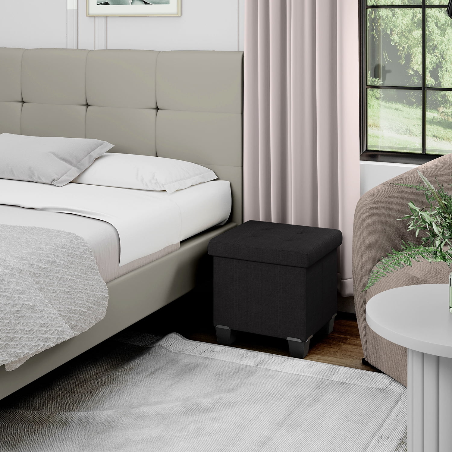 StorageBud Ottoman with Storage Bench, 15-inch Foot Stool Storage Ottoman, Linen, Black