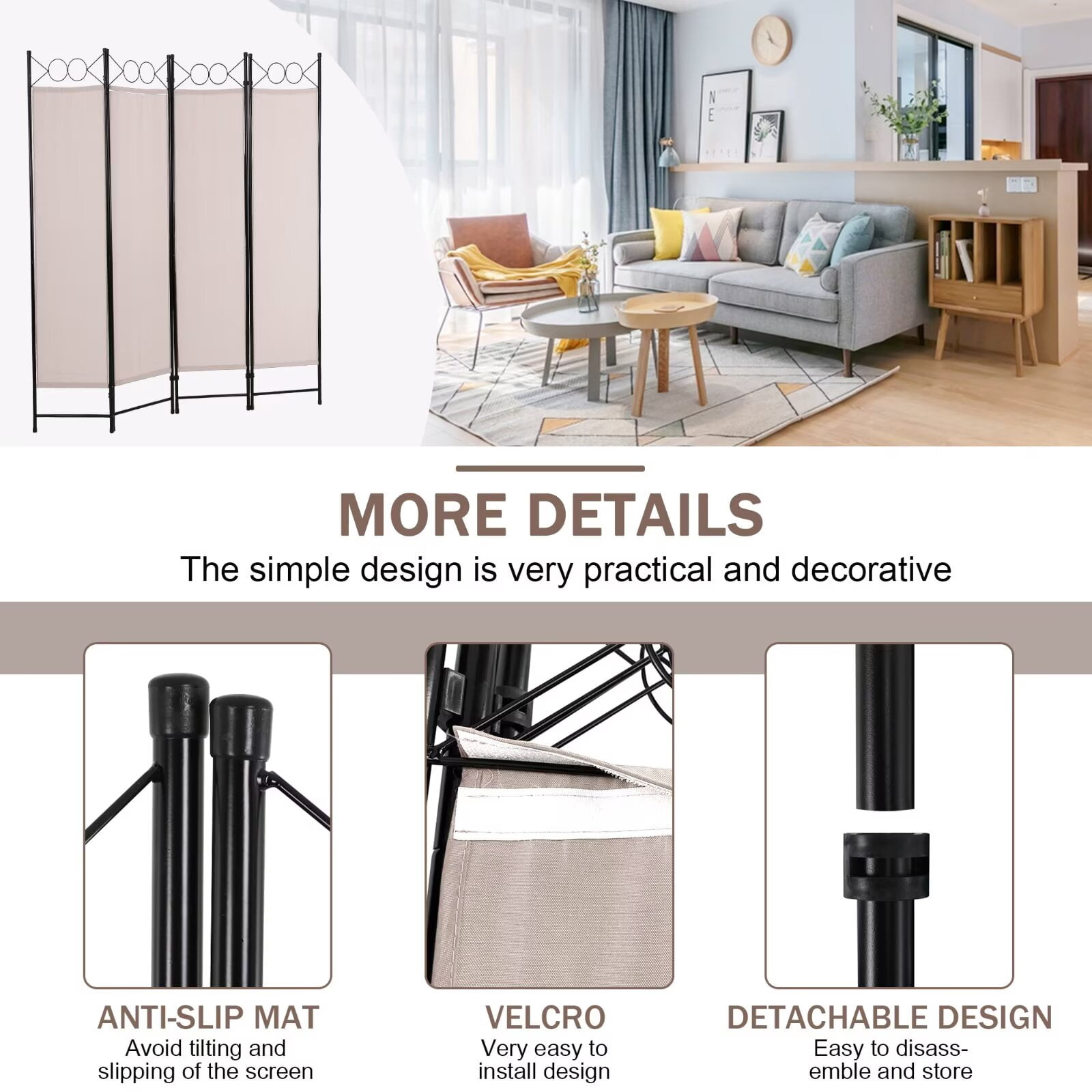 YRLLENSDAN,4 Panel,Room Dividers Panel,Folding Screen Room Divider,Office Partition Walls,Independent Type,Portable,Steel Frame,Tan