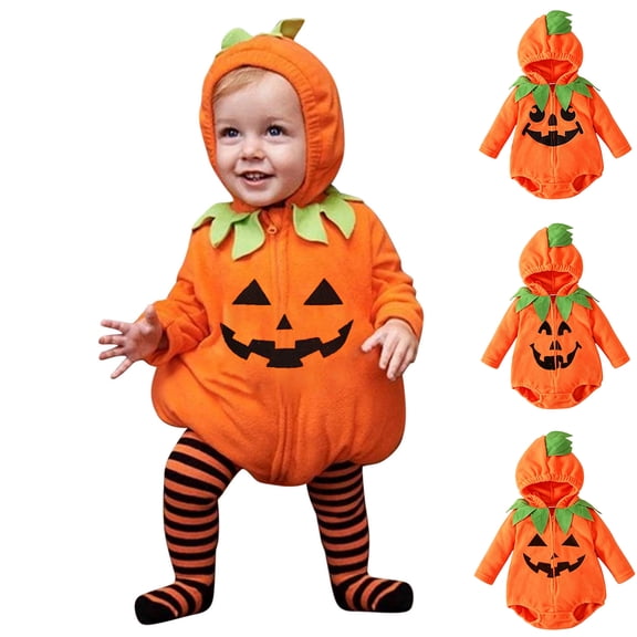 Baby Toddler Kids Pumpkin Long Sleeve Zipper Hooded Pumpkin Bodysuit Unisex Halloween Outfit Dress up Party Clothes Size 6-24 Months