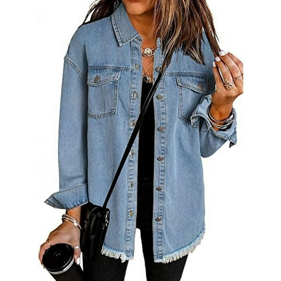 OSBAW Denim Jacket for Women Long Sleeve Boyfriend Jean Jacket Loose Coat Sky Blue S-2XL Female