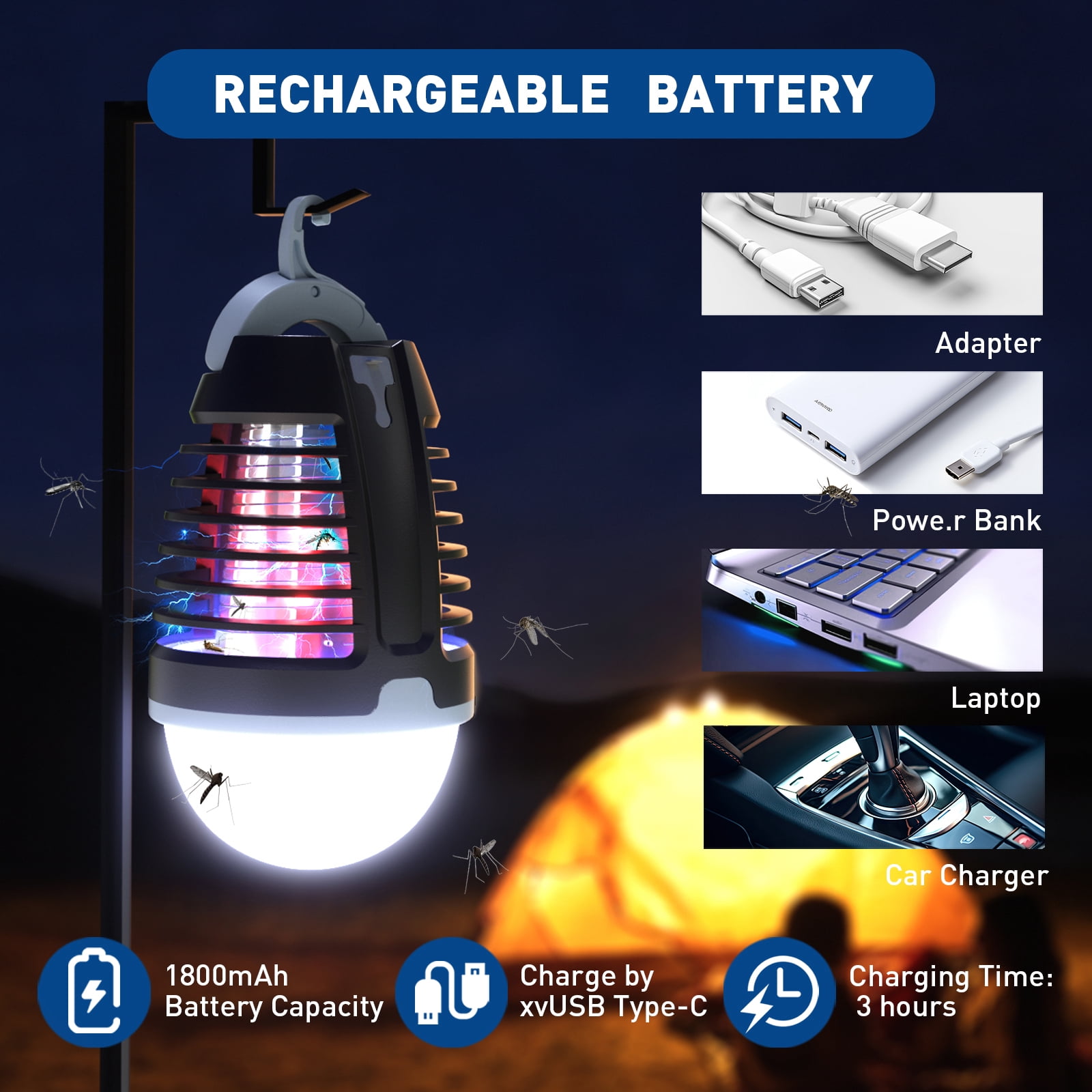 Portable Bug Zapper Outdoor Indoor, Electric Mosquito Fly Killer Lamp with Three Lighting Mode, USB Rechargeable Light Bulb Zapper for Camping, Home, Patio