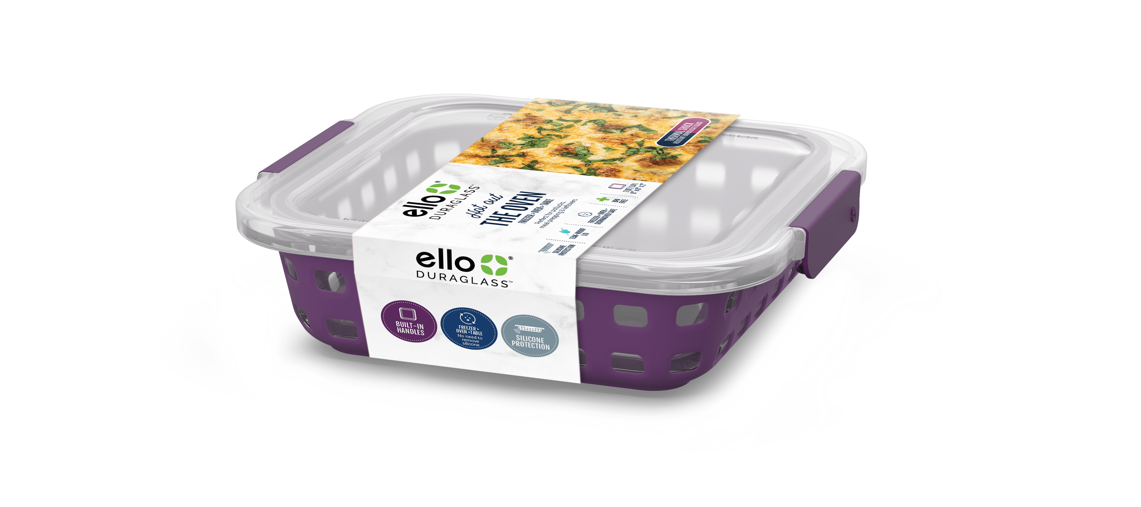 Ello Glass 2 Qt 8x8 Plum Purple Duraglass Baking Dish with Oven Safe Silicone Sleeve