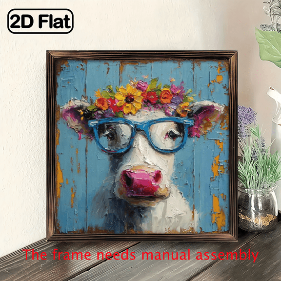 2D Flat Wall Decor, 8x8 Inch Wooden Frame Sign, Ox Head with Floral Wreath, Fashionable Sunglasses, Abstract Expressionism Sign, Wall Art Print Painting For Living Room Bedroom Office Bathroom Dor