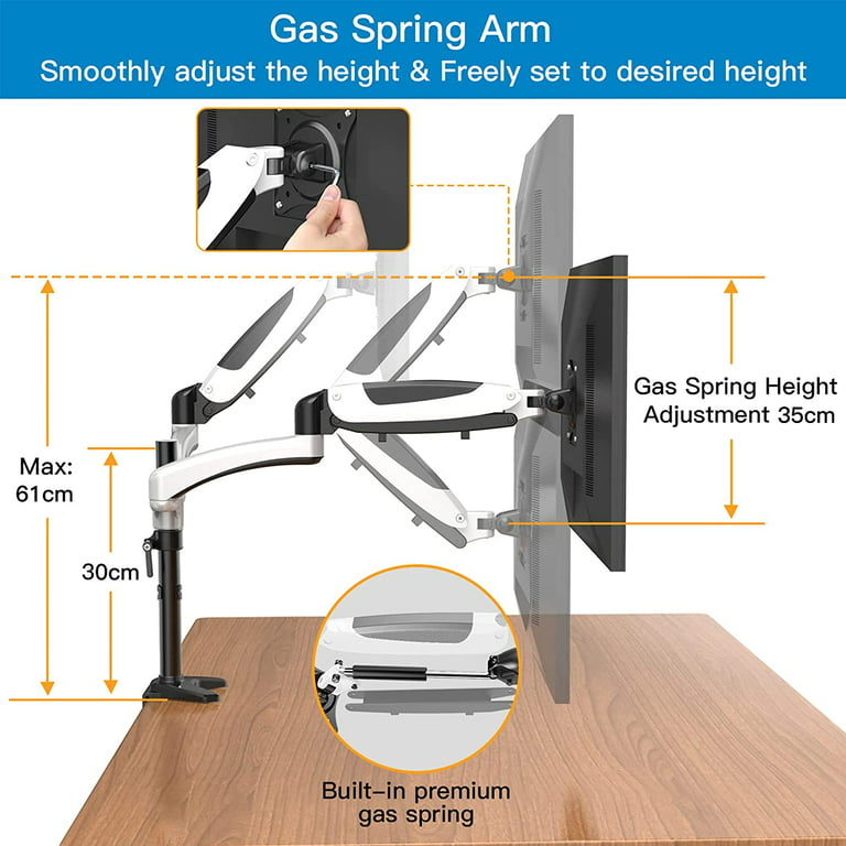 Dual Monitor Stand, Fits Two 13 to 27 Flat, Double Gas Spring Arm