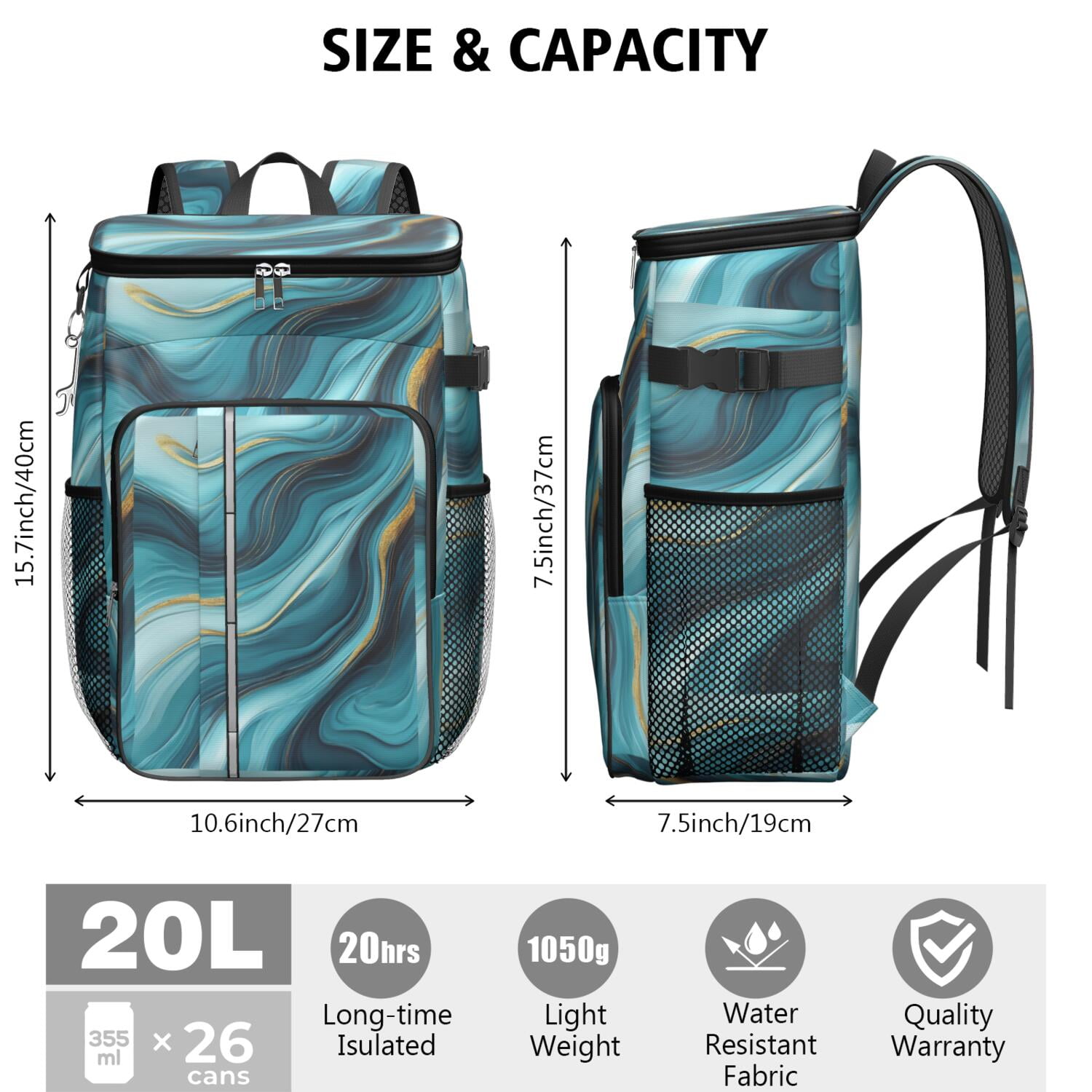 Travel Cooler Bag - Teal Gold Marble Camping Beer Cooler Backpack with Bottle Opener- Waterproof Insulated Picnic Backpacks - Cooler Bag for Beach