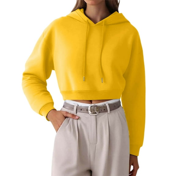 Wang6 White Cropped Hoodies for Womens Causal Loose Fit Solid Pullover Sweatshirts Trendy Fall Drawstrings Long Sleeve V Neck Tops Yellow XS
