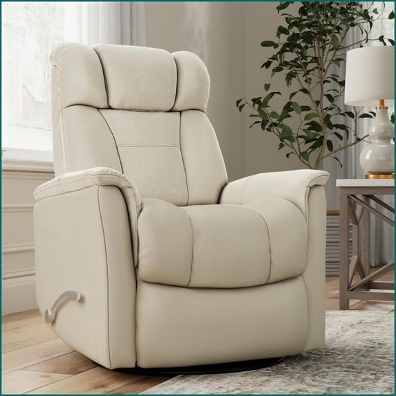 Recliners | Global Home Swivel Glider Recliner with Manual Headrest & Footrest | Faux Leather Bentley Oyster | Cream Color | Wood Metal