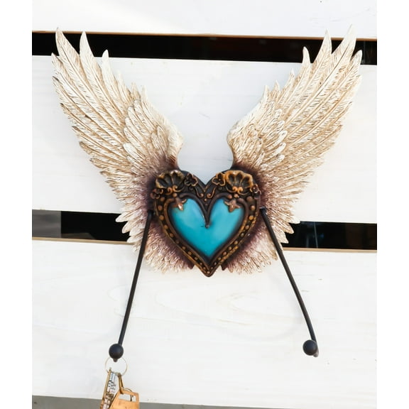 Rustic Western Turquoise Heart Le Fleur Angel Wings Wall Double Hooks Sculpture