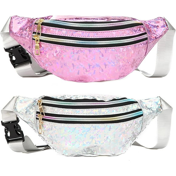 shiyou-2 Pieces Holographic Fanny Pack, Stylish Fanny Pack Women, Waterproof Fanny Pack, Kids Fanny Pack, with Adjustable Belt, Suitable for Running, Camping, Travel, Parties, Shiny Pink & Silver 