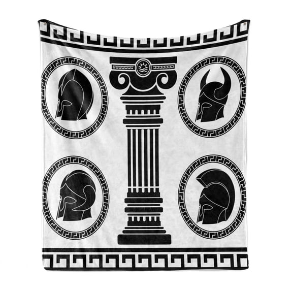Retro Soft Flannel Fleece Throw Blanket, Patterned Circular Frames with Antique Accessories Spartan Classic Costume, Cozy Plush for Indoor and Outdoor Use, 50" x 70", Black and White, by Ambesonne