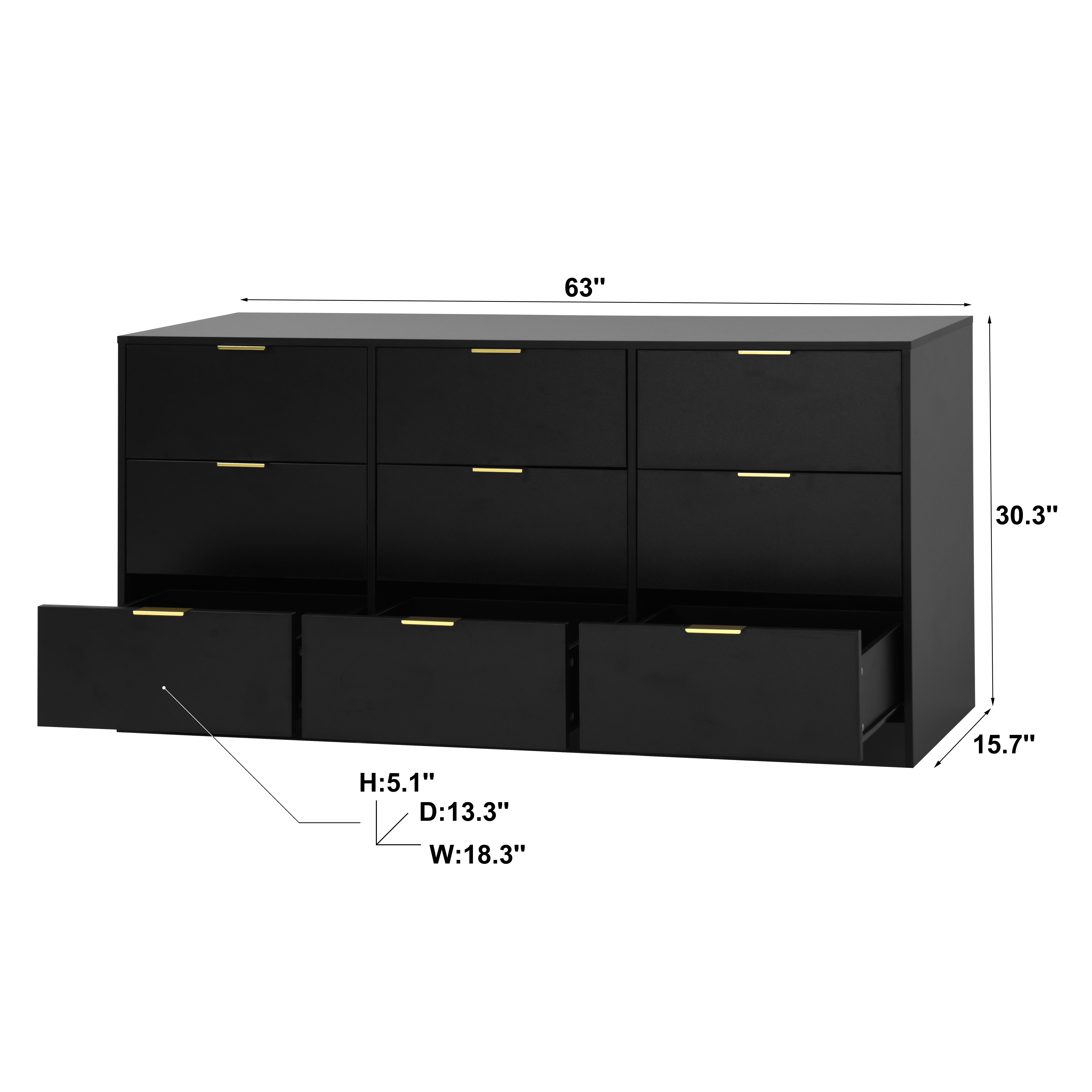 Mintazer 9 Drawers Dresser, 63" Large Deep Storage Chest of Drawers with Gold Metal Handles for Entryway Bedroom Living Room Hallway, Black