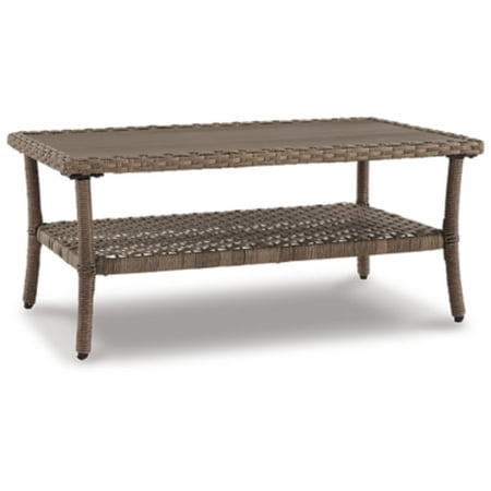Signature Design by Ashley Clear Ridge Outdoor Wicker Coffee Table with Rust Free Aluminum Base Light Brown