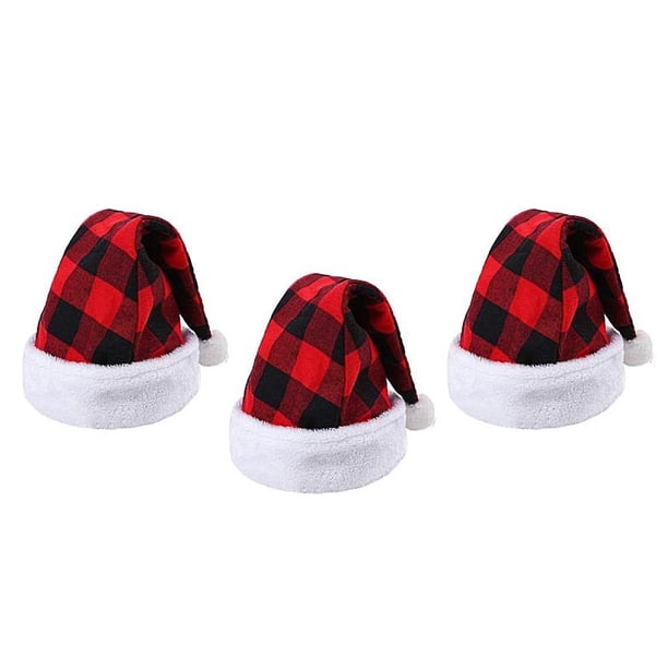 Paquete de 3 gorros navideños de Papá Noel, gorro de Papá Noel a cuadros, gorro de felpa para fiesta de disfraces navideños y eventos festivos