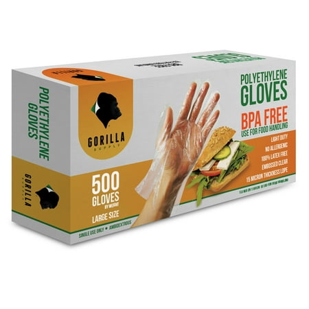 

Gorilla Supply Disposable Kichen Poly PE Gloves Food Grade BPA Free 500 Count Large