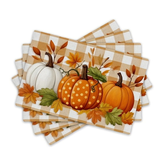 4pcs Pumpkin Plaid Placemats 4pcs Heat-Resistant Autumn Pumpkin Plaid Pattern Placemats, Easy-to-Clean Dining Table Protector for Kitchen and Dining Tables