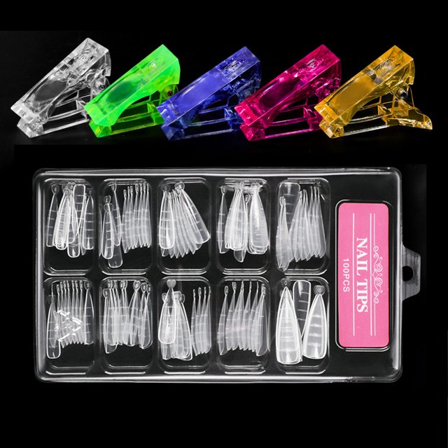 Puntas de uñas de 100 piezas con escala + Clips de uñas de 5 colores para extensión de uñas Uso d Maboto Punta de uñas
