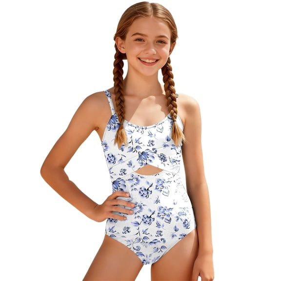 PRfgtbd Girls One Piece Swimsuit Cutout Adjustable Straps Swimwear With Padding Full Coverage Bathing Suits Floral Swimwear Girls Swimsuits Beachwear 11-12 Years