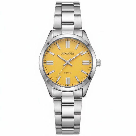 VORSEL Women's Quartz Round Watch with Yellow Dial Stainless Steel Band Luminous Hands 32mm