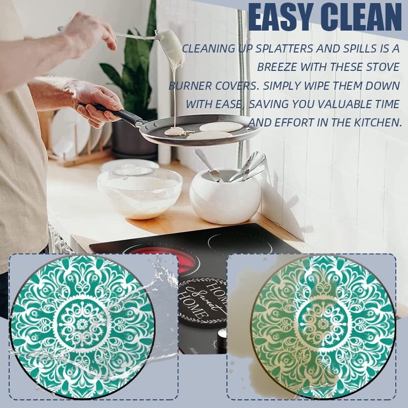 Round Metal Electric Stove Burner Cover, Green White Mandala Floral Pattern Durable Easy to Clean Gas Stove Burner Covers Set of 4 for Kitchen Decor, 8 Inches and 10 Inches
