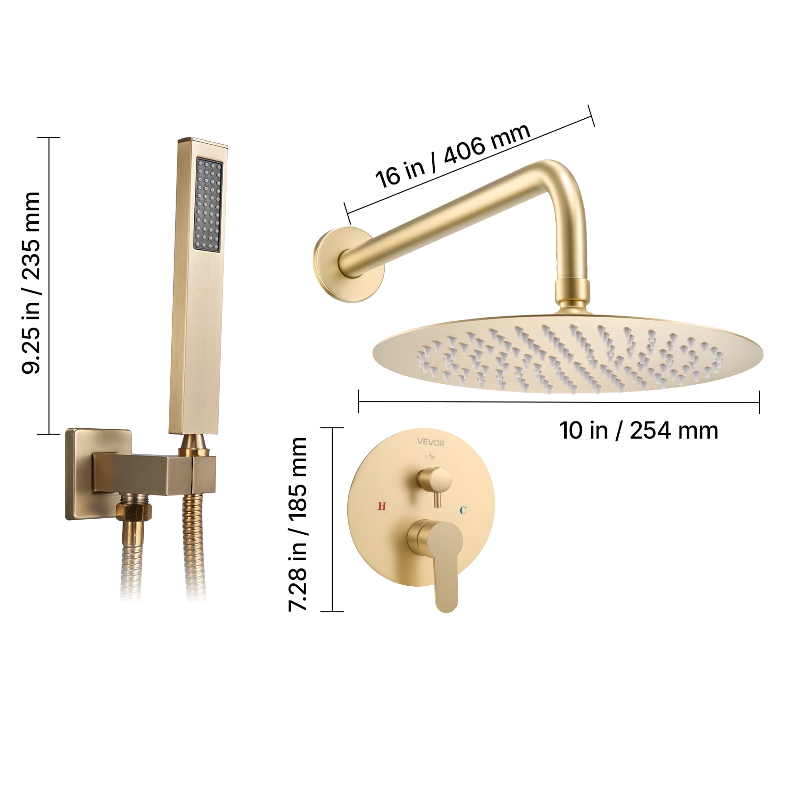 VEVOR Shower Faucet Set, Rainfall Bathroom Shower System with 10-Inch Round Rain Shower Head and Handheld Spray, Wall Mounted Bath Fixtures with Brass Valve and Trim Kit, Brushed Gold