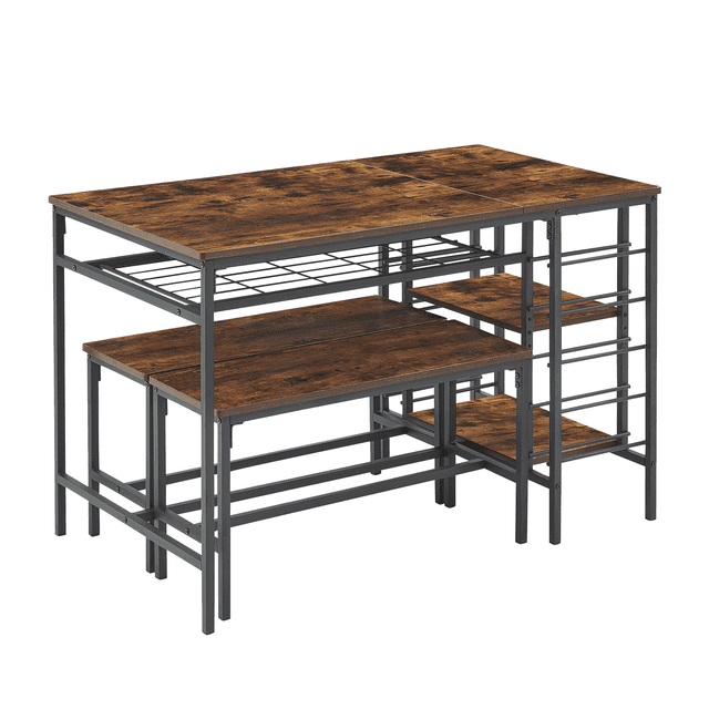 47" Dining Table Set for 4, 3-Piece Kitchen Table with 2 Benches, Adjustable and Removable Shelves, Wine Rack, Space-Saving Dining Room Table Set Dinette Set for Breakfast Nook, Dining Room