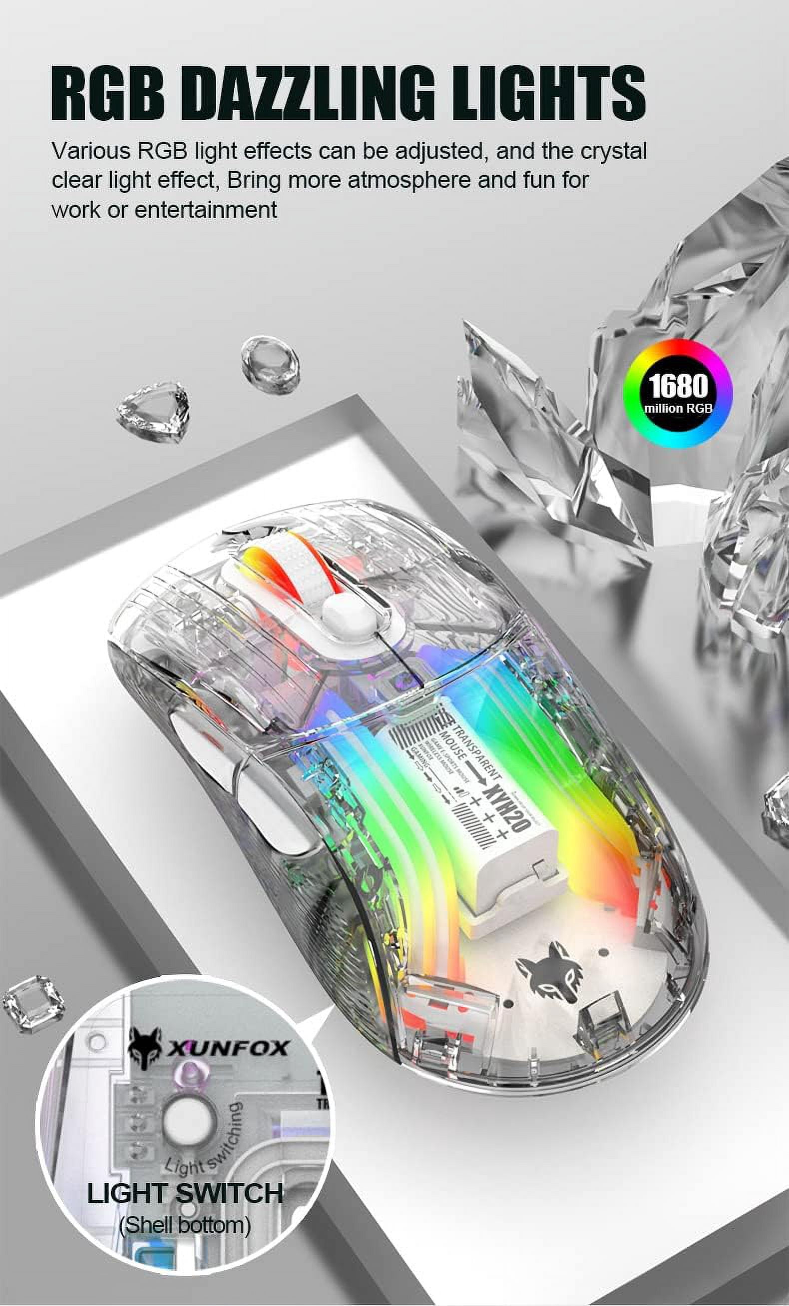 Bluetooth Wireless Mouse, Transparent RGB Mechanical Dual Mode Gaming Mouse, A Must-Have Cool USB Computer Mouse for Gaming and Esports