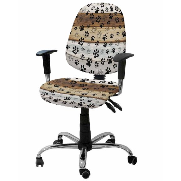 Paw Print Office Chair Covers Stretchable Dog Claws Pattern Brown Gray White Wooden Striped Split Computer Desk Chair Cover Universal Spandex Chair Seat Covers Rotating Boss Arm Chair Slipcovers