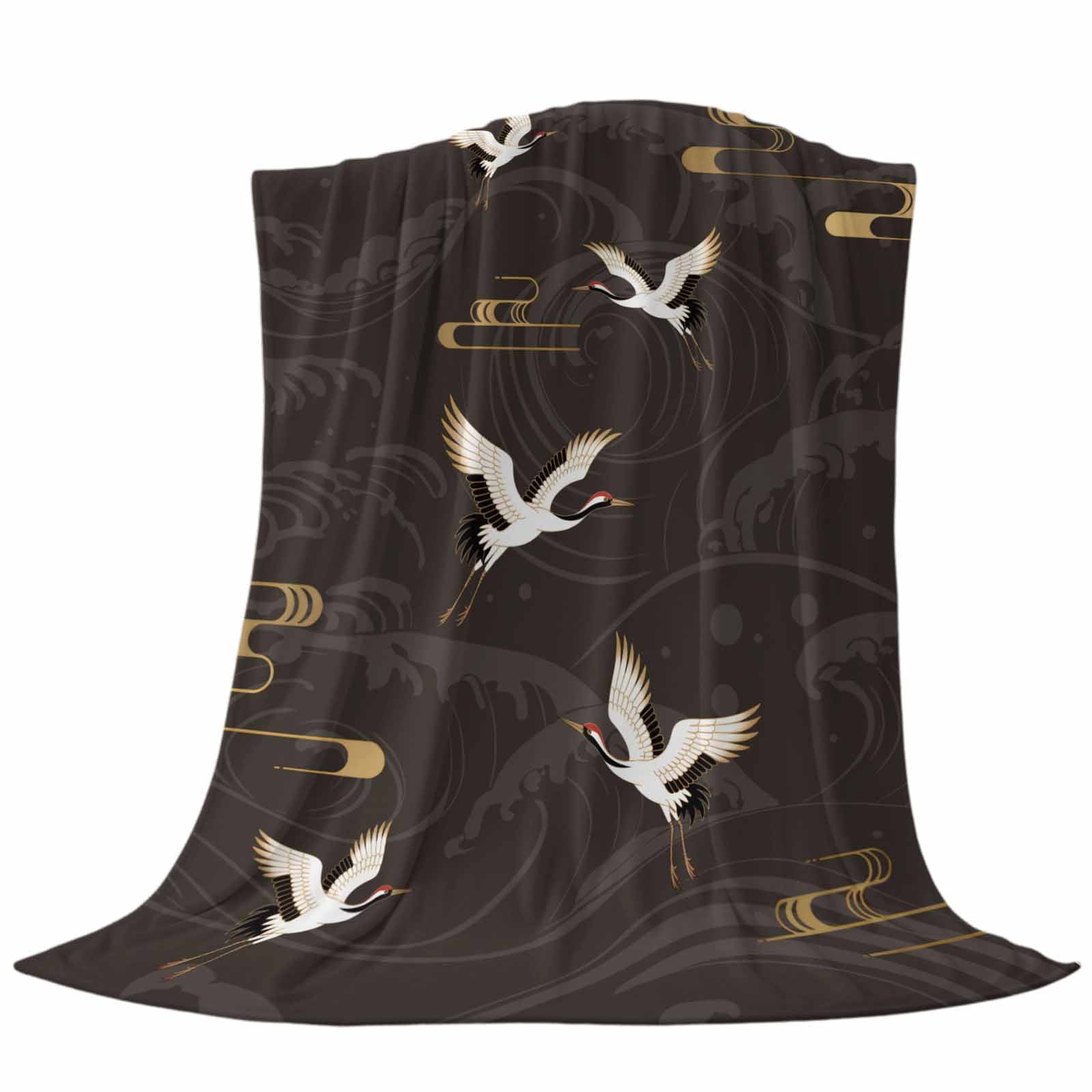 Japanese Style Blanket Soft Cozy Warm Throw Blanket for Couch, Plush Fuzzy Flannel Fleece Blankets for Sofa, Vintage Cranes Ocean Wave Black Grey Bed Blankets Lightweight Gifts for Women, 32"x48"