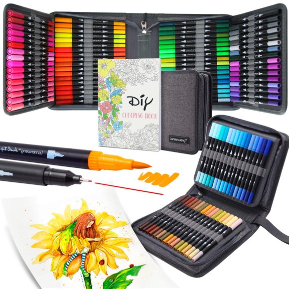 Marqueurs à Pointe Duo, 100 Couleurs Marqueurs d'Art avec Pointe Fine et Ensemble de Marqueurs Aquarelle avec Sac en Toile pour Livres de Coloriage pour Adultes